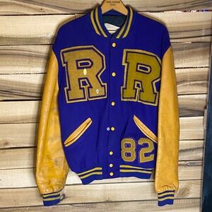 Vintage 1982 DeLong Varsity Jacket Gold and Blue Accents football Ilinois 46